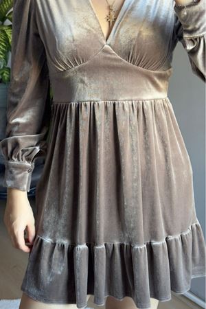 Kadife Mini Elbise -Bej