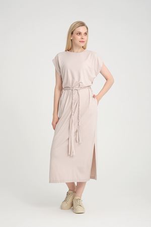 Bisiklet Yaka Kuşaklı Elbise -Krem