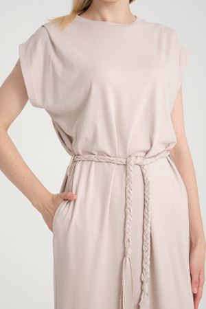 Bisiklet Yaka Kuşaklı Elbise -Krem