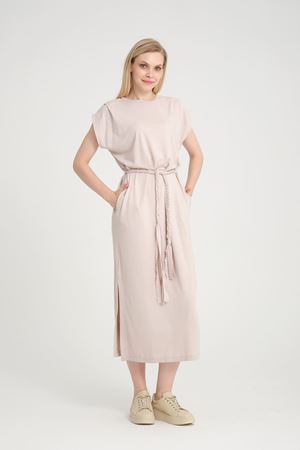 Bisiklet Yaka Kuşaklı Elbise -Krem