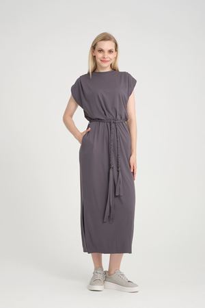 Bisiklet Yaka Kuşaklı Elbise -Gri