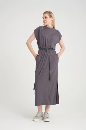 Bisiklet Yaka Kuşaklı Elbise -Gri