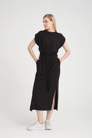 Bisiklet Yaka Kuşaklı Elbise -Siyah