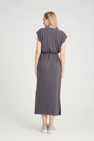 Bisiklet Yaka Kuşaklı Elbise -Gri