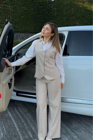 Üçlü Çizgili Double Takım - Bej