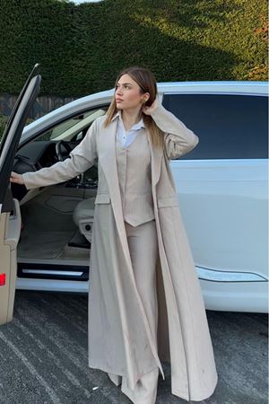 Üçlü Çizgili Double Takım - Bej