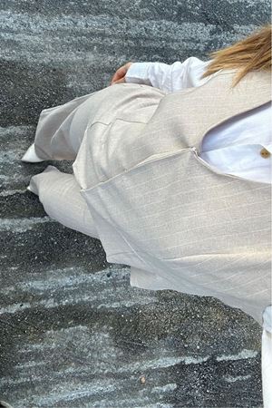 Üçlü Çizgili Double Takım - Bej