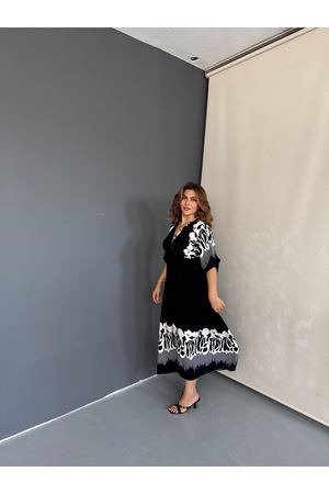 Yarasa Kollu Beli Lastikli Midi Elbise -Siyah