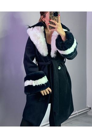 Çift Renkli Kürklü Kaban -Lacivert