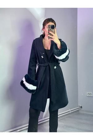 Çift Renkli Kürklü Kaban -Lacivert