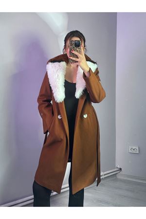 Çift Renkli Kürklü Kaban -Kahverengi