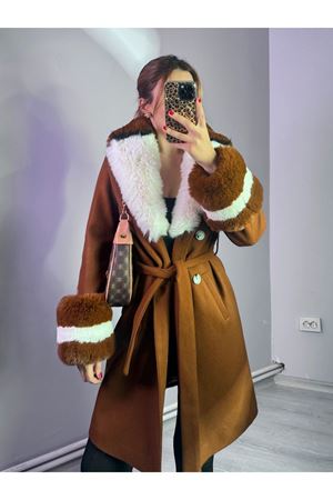 Çift Renkli Kürklü Kaban -Kahverengi