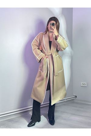 Örgü Detaylı Kaşe Kaban - Krem