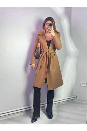 Kol Ucu ve Yakası Kürklü Kaban - hardal