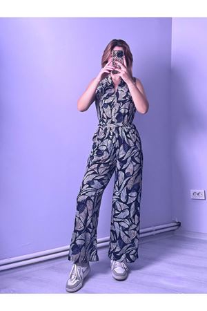 Yaprak Desenli Kuşaklı Tulum -lacivert