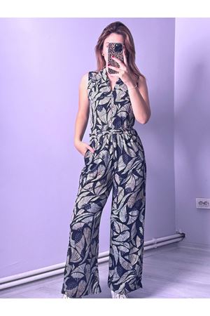 Yaprak Desenli Kuşaklı Tulum -lacivert