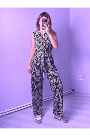 Yaprak Desenli Kuşaklı Tulum -Siyah