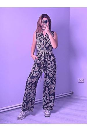 Yaprak Desenli Kuşaklı Tulum -Siyah