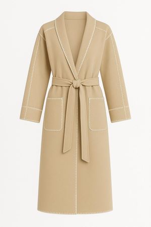 Örgü Detaylı Kaşe Kaban - Krem