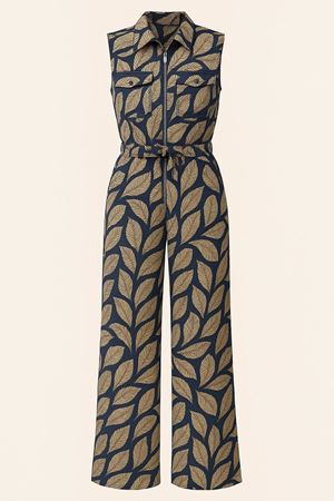 Yaprak Desenli Kuşaklı Tulum -lacivert