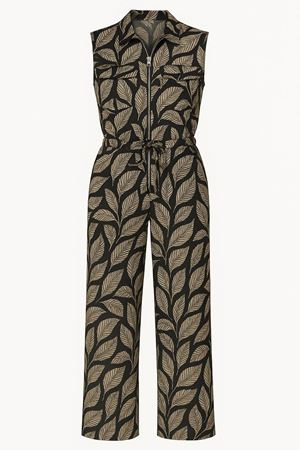 Yaprak Desenli Kuşaklı Tulum -Siyah