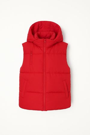 3 Cepli Kapüşonlu Kısa Dolum Yelek - Kırmızı