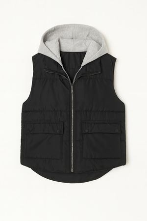 Gri Kapüşonlu Kısa Şişme Yelek - Siyah