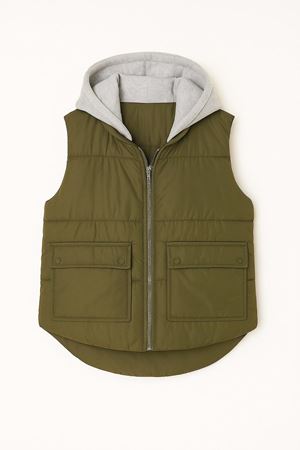 Gri Kapüşonlu Kısa Şişme Yelek - Haki