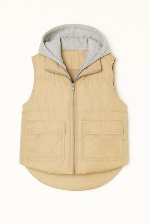 Gri Kapüşonlu Kısa Şişme Yelek - Krem