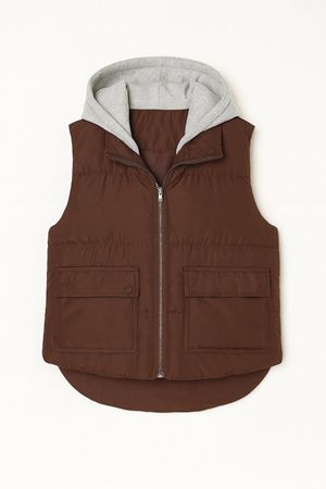 Gri Kapüşonlu Kısa Şişme Yelek - Kahverengi