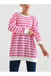 İki İplik Şardonsuz Çizgili Sweatshirt Tunik - Pembe