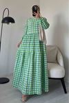 Nur Gofre Kareli Elbise - Yeşil
