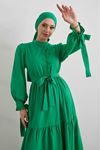 Kol Ucu Ve Önü Fırfırlı Terikoton Tesettür Elbise - Yeşil