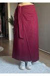 Fiyonk Bağlamalı Keten Etek -Bordo